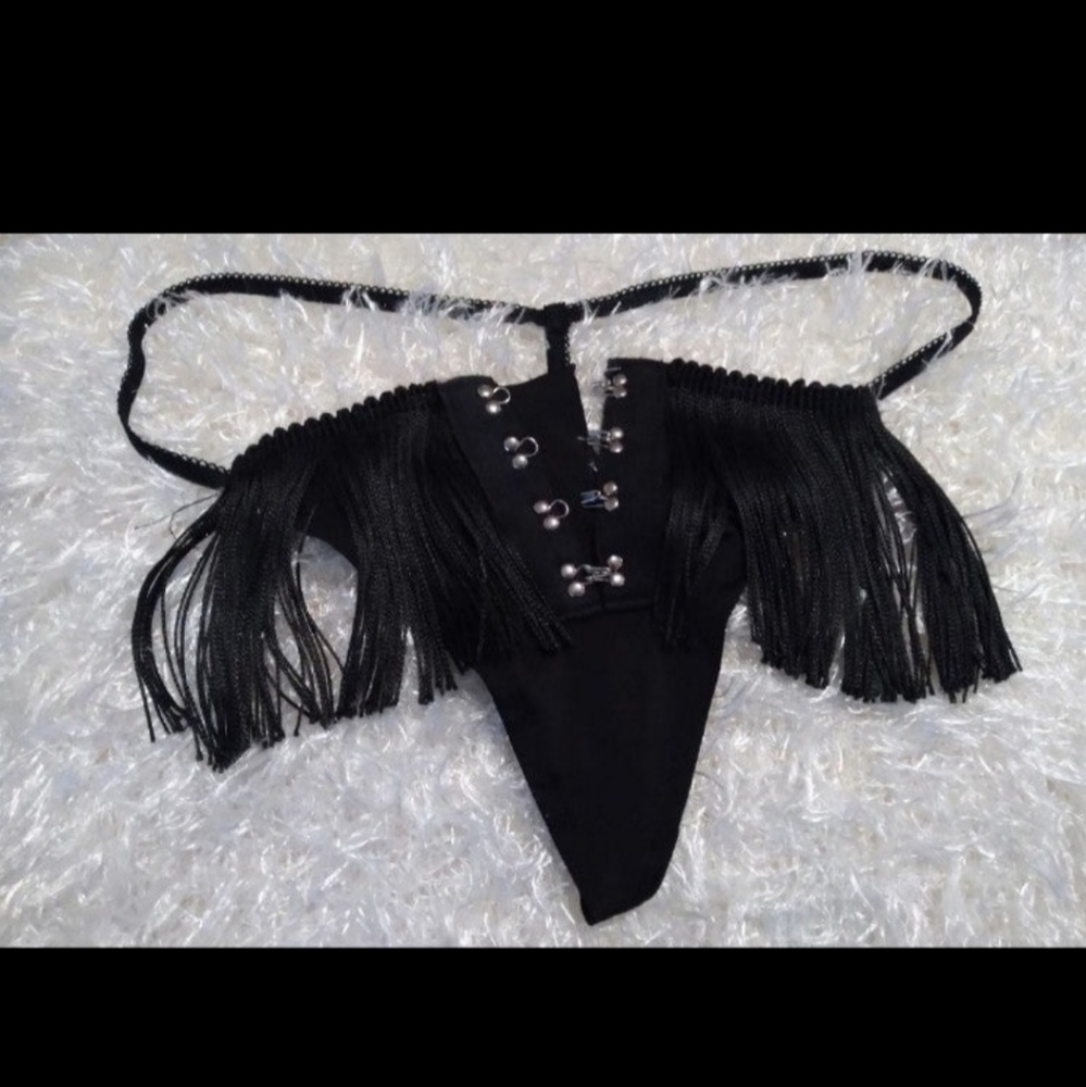 Sexy Black Fringe G-String with Silver Hooks Size Large